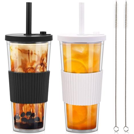 Bubble Tea Becher 2er Set 730ml doppelwandig mit Deckel und Strohhalm, isoliert (1/5)