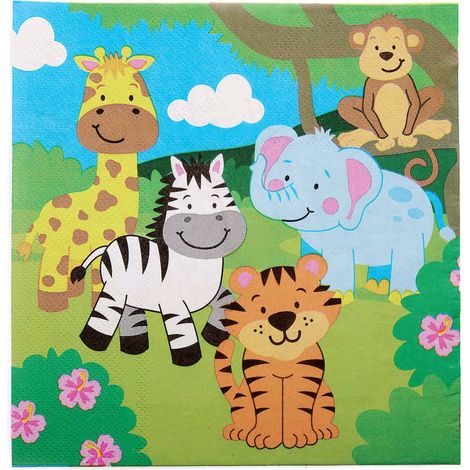 Serviette Table Enfant motif Animaux de la Jungle - Lot de 20, Decoration Anniversaire Enfant (FX103), Serviettes en Papier, Multicolore (1/4)