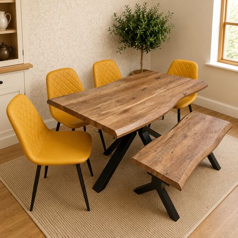 Kosy Koala 6 Seater Rustic Brown Dining Table with 4 Mustard Faux Leather Chairs & Bench (1/5)