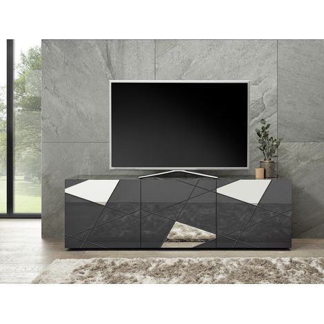Meuble TV moderne 181 cm gris laqué brillant Larissa (1/4)