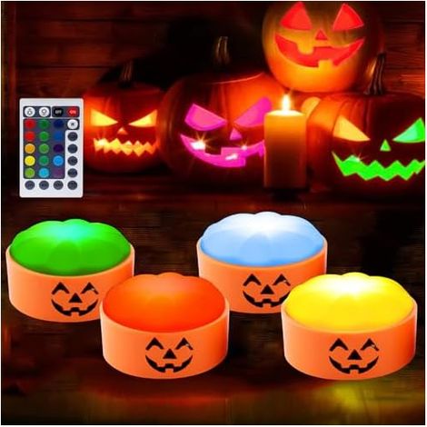 4 Pcs Lumières LED Citrouille Halloween,Lumière Halloween 16 Couleurs LED Citrouille Extérieur Sans Flamme Bougies Halloween, Alimentées Par Piles, Lumière Décoration Halloween (1/5)