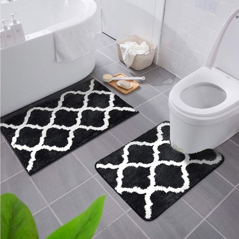 Lot de 2 Tapis de Bain Antidérapant,Tapis Salle de Bain Absorbant en Microfibre Douce,Tapis de Salle à Motifs marocains, Lavable en Machine - 50 x 76 cm + 50 x 60 Contour WC, Noir (1/5)