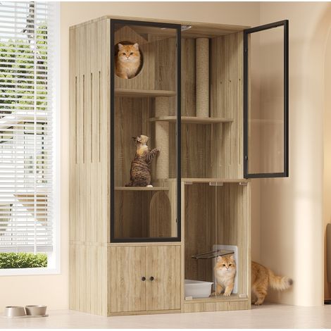 Casetta per gatti da interno in MDF e vetro, 90 x 50 x 160 cm, naturale OKMYHOME (1/5)