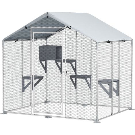 PawHut jaula para gatos para exterior recinto para gatos con cubierta impermeable 420D plataformas y condominio para 5 gatos 200x170x195 cm plata