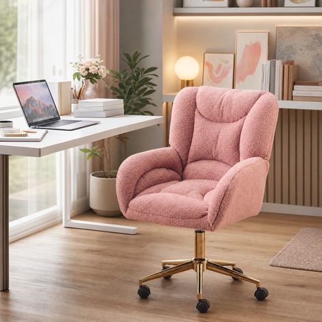 Silla de oficina rosa de tejido Teddy, altura ajustable, con ruedas, OKMYHOME (1/5)