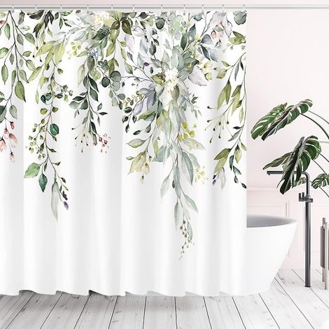Ensemble de rideaux de douche en eucalyptus vert avec des feuilles d'aquarelle botaniques et un décor de salle de bain floral sur le dessus avec des crochets (1/5)