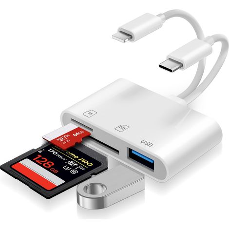 Lecteur Cartes SD pour Lightning vers Lecteur de Carte mémoire SD/Micro SD/USB, Adaptateur Cartes SD USB C Lecteur de Cartes pour 16/15/iPad/Caméra (1/5)