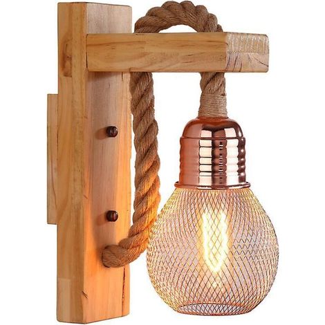 Industrielle LED-Wandleuchte aus Holz und HanfseilE27-FassungSanfte und warme Beleuchtung für Lounges und Cafés