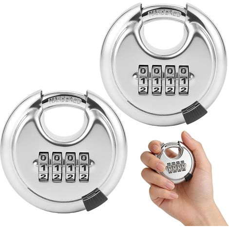 Lot de 2 cadenas à combinaison en acier inoxydable avec 4 chiffres, 70 mm - Cadenas à anse ronde résistant aux intempéries - Cadenas à disque avec code numérique pour abri de jardin, unité de stockage (1/5)