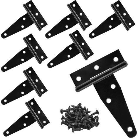 Lot de 8 charnières de porte de grange de 75 mm, charnières en T noires à 6 trous, angle ouvert de 270°, pour extérieur, résistant aux intempéries, pour poulailler, chiens, abris de jardin (1/5)