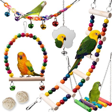 Ensemble de Jouets pour Oiseaux Perroquet, Balançoire Suspendue, Échelle Flexible et Miroir, Accessoires de Cage pour Petits Oiseaux (1/5)