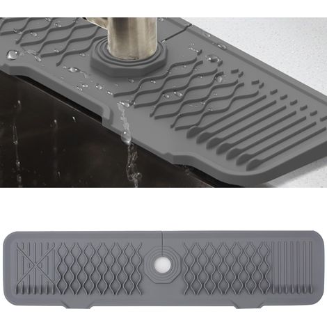 Tapis de Robinet Silicone, Protection Anti-Éclaboussures pour Robinet d'Évier, Plateau Anti-Gouttes pour Poignée Robinet, Tapis d'Évier pour Comptoir de Cuisine et de Salle de Bain (Gris, 61 cm)