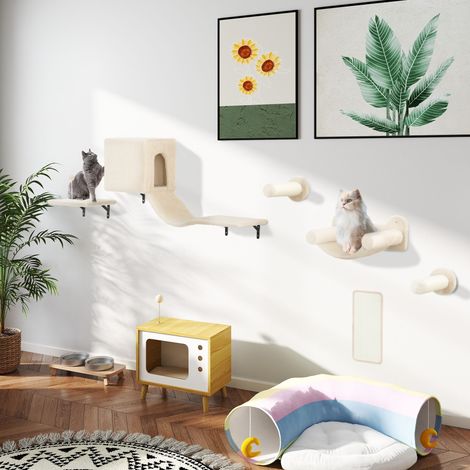 Juego de Escalada para Gatos de Pared de 6 Piezas con Condominio Plataforma Hamaca Escaleras y Tabla de Rascar Beige (1/5)