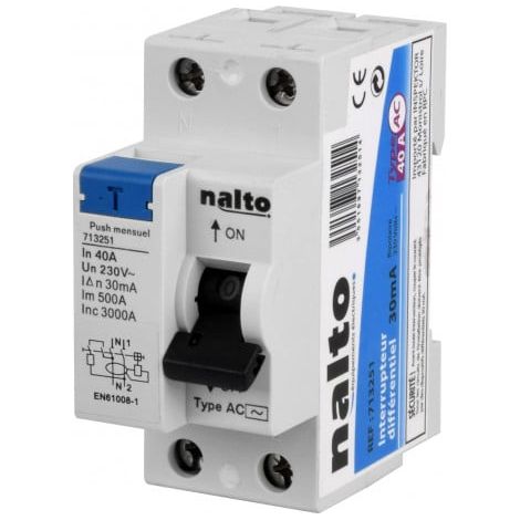 Interrupteur différentiel 40A – 30mA type AC – Protection contre les courants alternatifs – Connexion à vis – Tension 230V – Nalto (1/2)