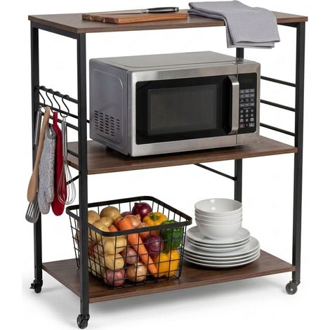 Carrello cucina Relaxdays, 3 ripiani, 6 ganci a S, HxLxP: 89x80x40 cm, MDF/acciaio, stile industriale, marrone/nero