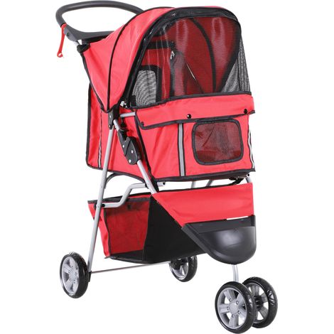 Poussette chien chat pliable acier Oxford 600D rouge, porte-gobelet panier rangement, freins, 75 x 45 x 97 cm