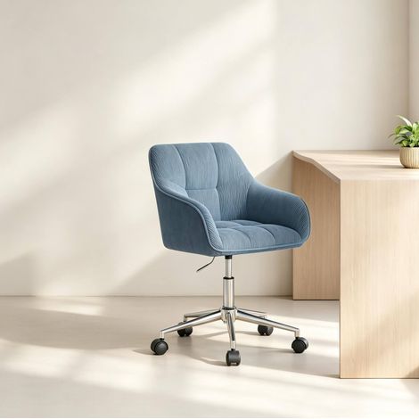 Silla giratoria de oficina acolchada de terciopelo azul con ruedas y altura regulable (1/5)