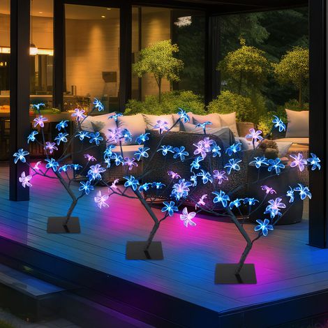 Solarlampen für Außen Garten Deko Solarleuchte Außenbereich Stecklampe im Baum Design, Erdspieß Blüten Baum, LED, H 60 cm, 3er Set