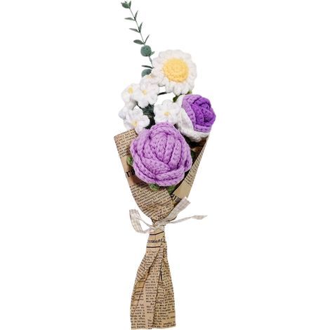 Bouquet tricoté à la Main, Fleurs Simulées Vives avec des Feuilles Vertes pour la Maison, la Cuisine, Le Bureau, la Fête (Purple) (1/5)