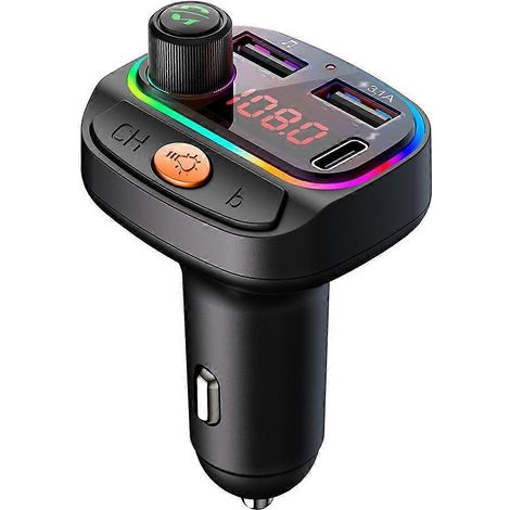 Chargeur Voiture USB C Bluetooth FM, Éclairage Coloré, Appels Mains Libres, Lecteur Musique, Double Port USB, Prise Allume-Cigare. (1/4)