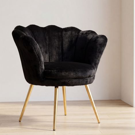 Wahson Freizeitsessel Teddystoff-Bezug, Muschel-Sessel eleganten goldenen Metallbeinen für Schlafzimmer und Wohnzimmer，Schwarz
