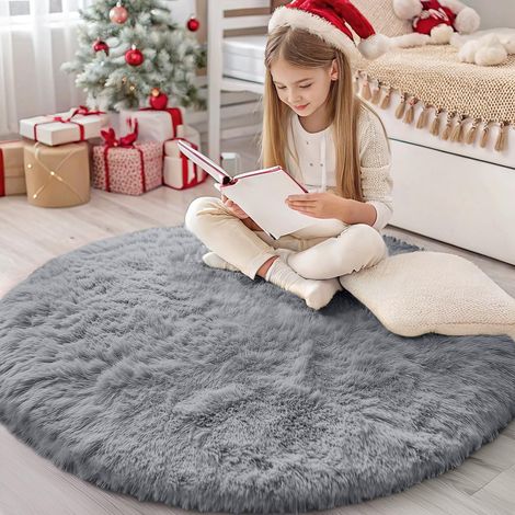 Tapis Moelleux à Poils Longs - Dessous antidérapant - Lavable - pour Le Salon, la Chambre d'enfant, la Chambre à Coucher - 160 cm Rond, Gris (1/5)