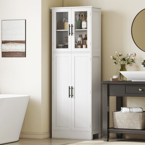 Hoher Badezimmerschrank mit Glastüren und 2 Schränken, platzsparender Badezimmerschrank mit verstellbaren Einlegeböden, freistehender Schrank für Esszimmer, Wohnzimmer, Küche, 60 x 30 x 170 cm, Weiß