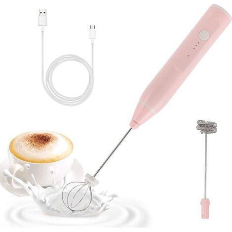 Mousseur à Lait Electrique, Mini Mousseur à Lait Rechargeable Portatif avec 2 Têtes de Batteur à œufs, Fouet Electrique (Rose) (1/5)