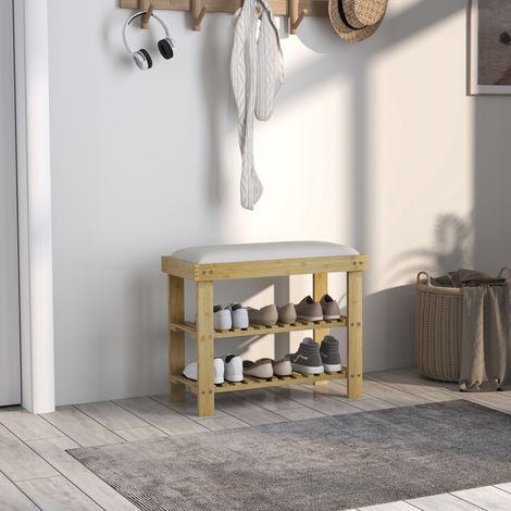 Schuhbank aus Bambus mit Kissen, 2-stöckiges Schuhregal für Eingangsbereich oder Schlafzimmer, 60 x 29 x 49 cm, Creme