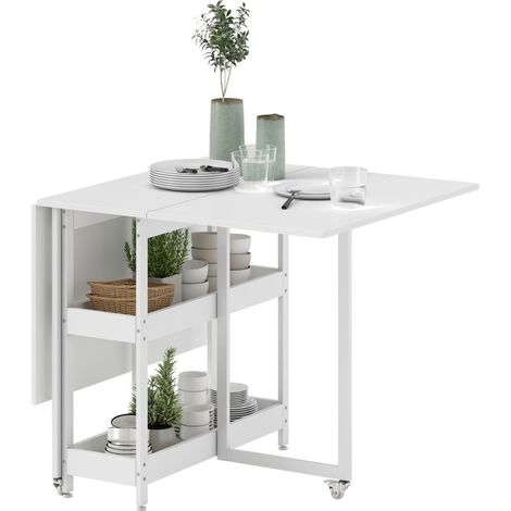 Mesa de comedor plegable extensible blanca para 2-4 personas con 2 estantes abiertos (1/5)