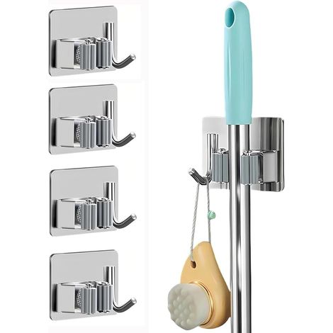 Lot de 4 supports muraux autocollants pour balai de jardin - Sans perçage - Avec crochets - Pour cuisine, salle de bain - Argenté (1/5)