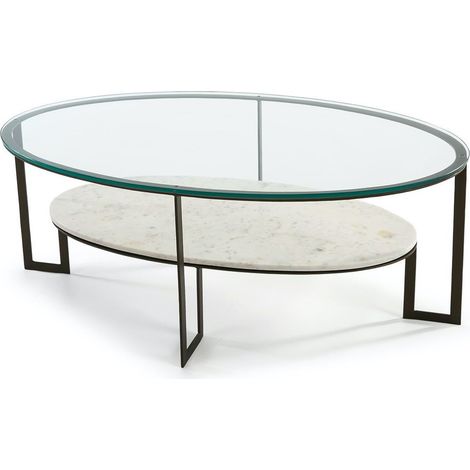 Table basse ovale 2 plateaux verre transparent et marbre blanc Kenza (1/3)