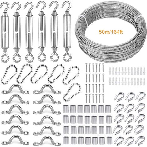 Edelstahl-Aufhängeseil-Set, 50 m/2 mm beschichtetes Edelstahlseil, mit M5-Seilspanner und Haken, Edelstahl-Seilzubehör für Geländer, Wäscheleinen und Aufhängeseile