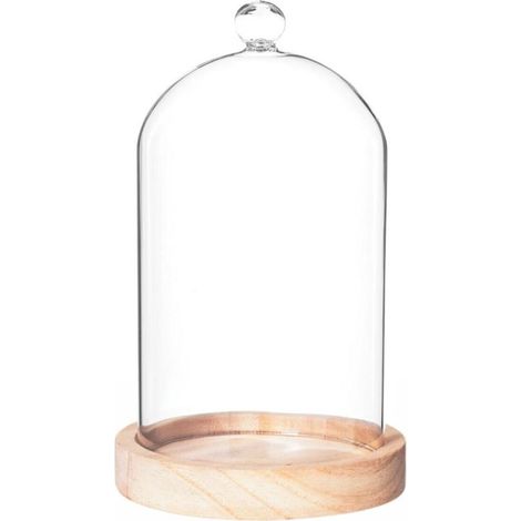 Atmosphera – Cloche décorative en verre 19cm – Base en bois naturel – Forme ronde – Décoration intérieure moderne