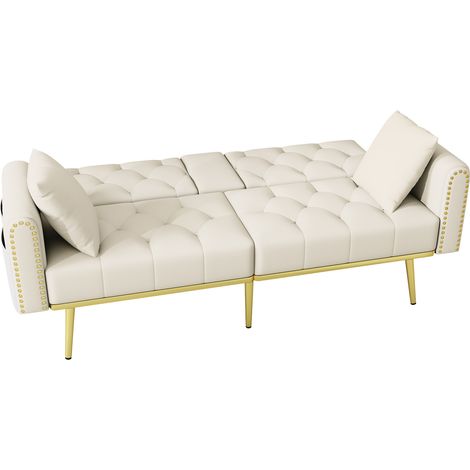 Canapé-lit 2 places pliable en velours beige avec 3 inclinaisons réglables et porte-gobelet (1/5)