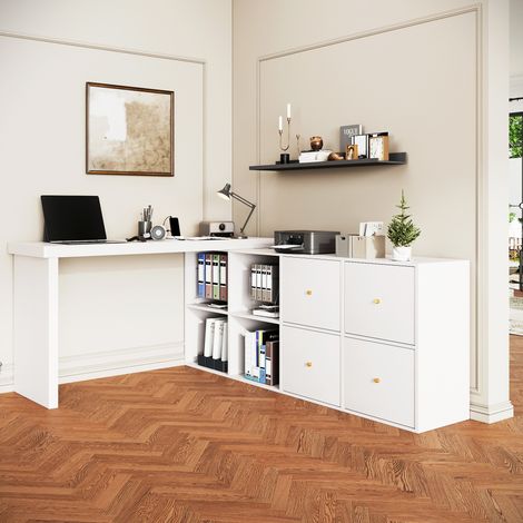 Drehbarer Eckschreibtisch aus weißem MDF mit 4 Fächern und 4 Schubladen, 120 x 48 x 78 cm (1/5)