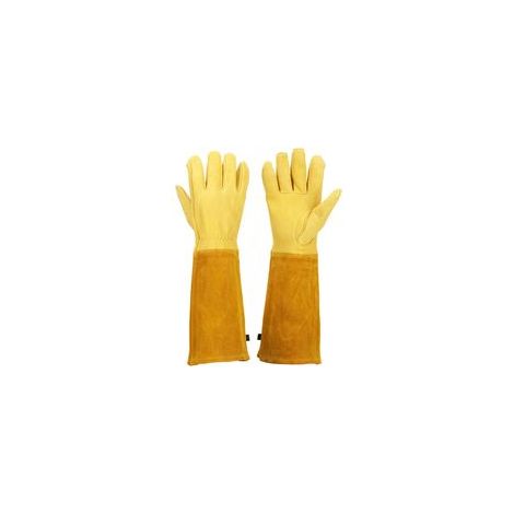 Gants de jardinage Gauntlet pour femmes et hommes, gants d'élagage respirants pour roses avec gantelet anti-épines, manches longues en cuir de vachette durable Gants de jardin (L, Jaune)