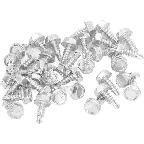 250 vis autoperceuses en acier au carbone zingué blanc M4,8 x 13 mm pour métal, bois et plastique, tête hexagonale avec rondelle.