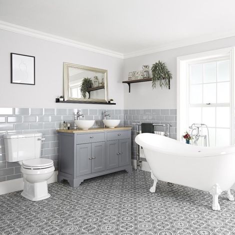 Milano Thornton Light Grey Bathroom Suite with Freestanding Double Ended Slipper Bath and Feet  1210mm Vanity Unit with Countertop Basins and Close Coupled Toilet WC - White Claw Feet (1/5)