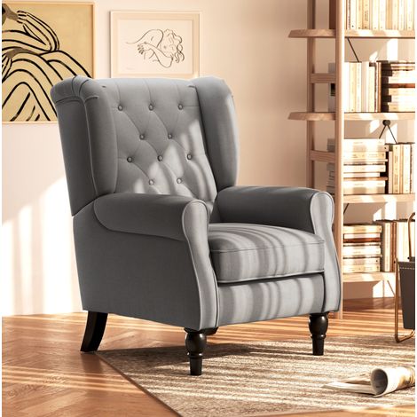Fauteuil oreille 74x86x102 cm gris foncé en polyester avec capitonnage et dossier haut (1/5)