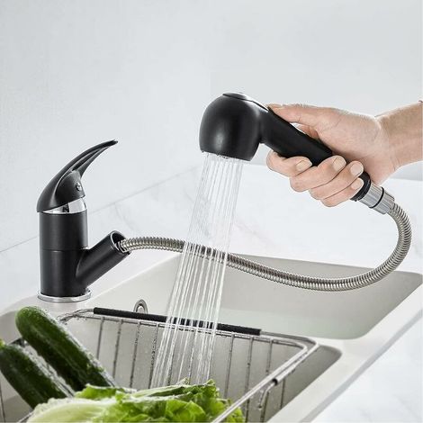 Kitchen Faucet Black 2-Jet Spray Kitchen Sink Mixer Tap with Pull-Out Brass Spray Cold and Hot Water Mixer Taps (1/5)