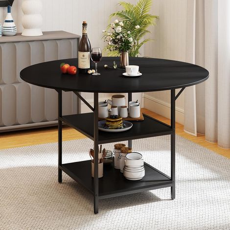 COSTWAY Table Ronde Salle Manger 120 CM pour 6 Personnes, Table de Cuisine avec Étagère à 2 Niveaux, Cadre Métallique, Plateau en Bois Lisse, Table Ronde pour Salon, Style Industriel (Noir) (1/5)