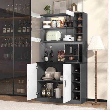 Buffet de cuisine 100 x 47 x 187 cm avec LED, espace micro-ondes, gris/blanc DESVIAE (1/5)