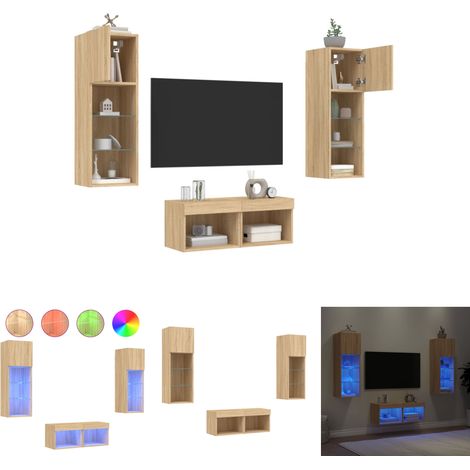 The Living Store 4-tlg. TV-Wohnwand mit LED-Leuchten Sonoma-Eiche - TV-Möbel (1/5)