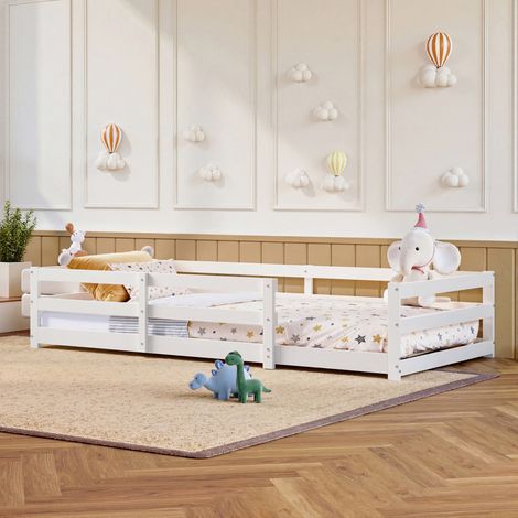 Lit enfant Montessori 90x200 cm en bois de pin avec contour de sécurité, sans sommier à lattes - Blanc