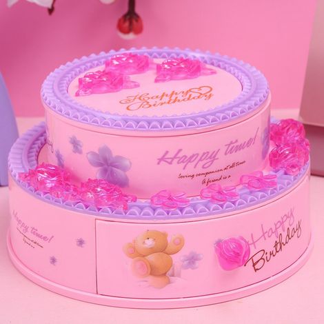 Boîte à bijoux en forme de gâteau d'anniversaire, en plastique rose décoratif, boîte à bijoux musicale pour filles (1/5)