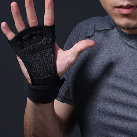 Gants de musculation antidérapants pour haltères, gants de fitness demi-doigts avec protection de poignet allongée, noirs, taille XL (1/5)