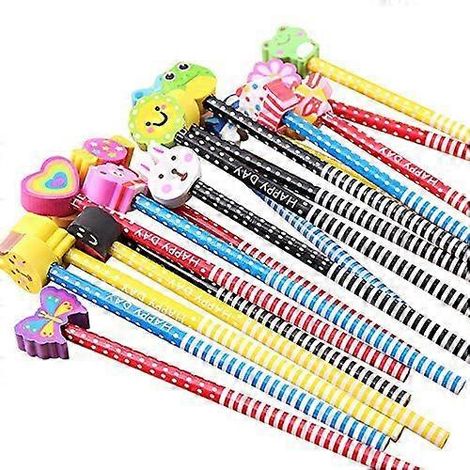 Lot de 12 crayons en bois pour enfants, à rayures colorées, avec gomme à motifs d'animaux mignons, idéal pour l'école et comme cadeau. (1/5)