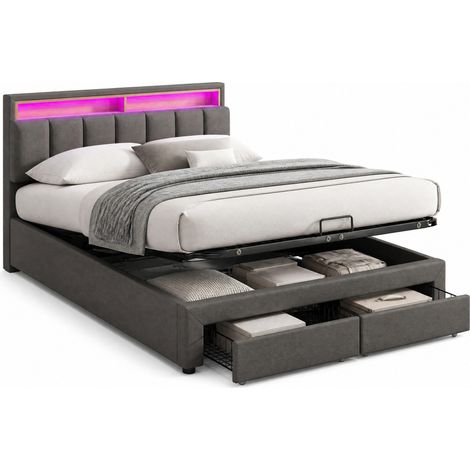 CHICFURN Cama tapizada 180x200 cm con LED, arcón hidráulico, cajones y cabecero acolchado, tela gris oscuro, estructura de acero y somier incluido (1/5)