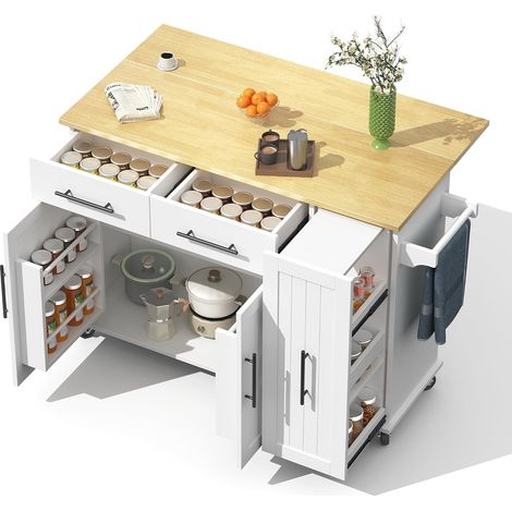 FurnitureR White Mobile Kitchen Island 120x40x90cm with Rollers (1/5)